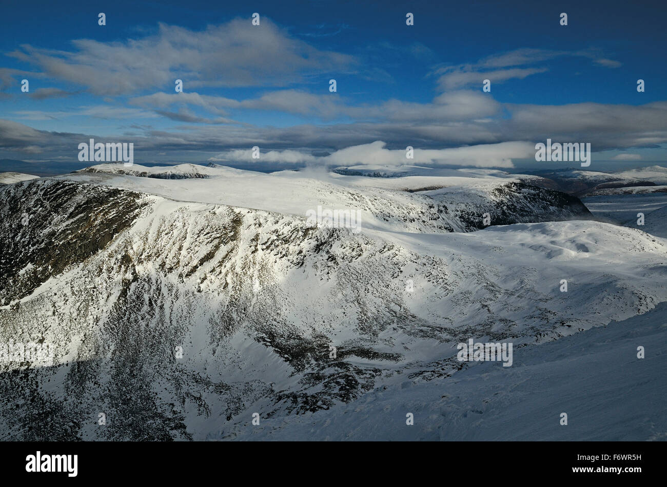 View from Beinn Dearg over snow-covered mountain scenery, Highlands, Scotland, Great Britain Stock Photo