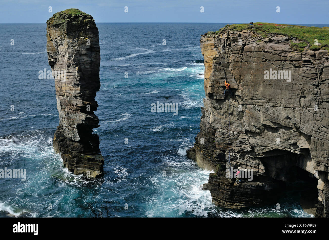 Climber at rocky coast, Yesnaby Castle, Mainland, Orkney Islands, Scotland, Great Britain Stock Photo