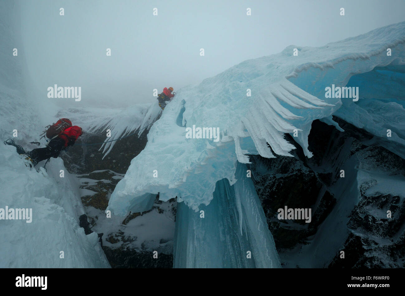 Ice climbers ascending Creag Meagaidh, Highlands, Scotland, Great
