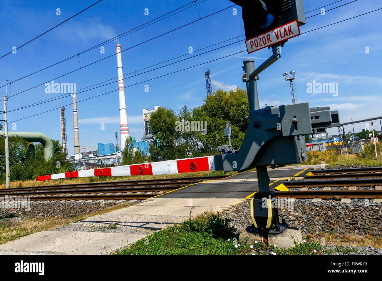 rail crossing, Thermal coal power plant, Melnik, Central Bohemia, Czech Republic Stock Photo