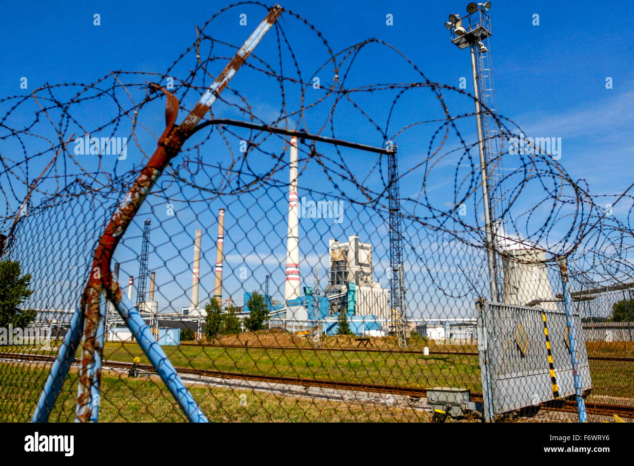 Wire fence, Thermal coal power plant, Melnik, Central Bohemia, Czech Republic Stock Photo