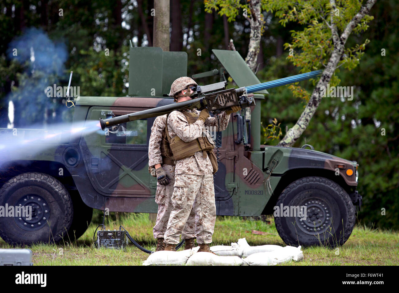 U.S. Marines fire a Stinger shoulder launched anti-aircraft missile during familiarization training at Marine Corps Air Station Cherry Point September 24, 2015 in Cherry Point, North Carolina. Stock Photo