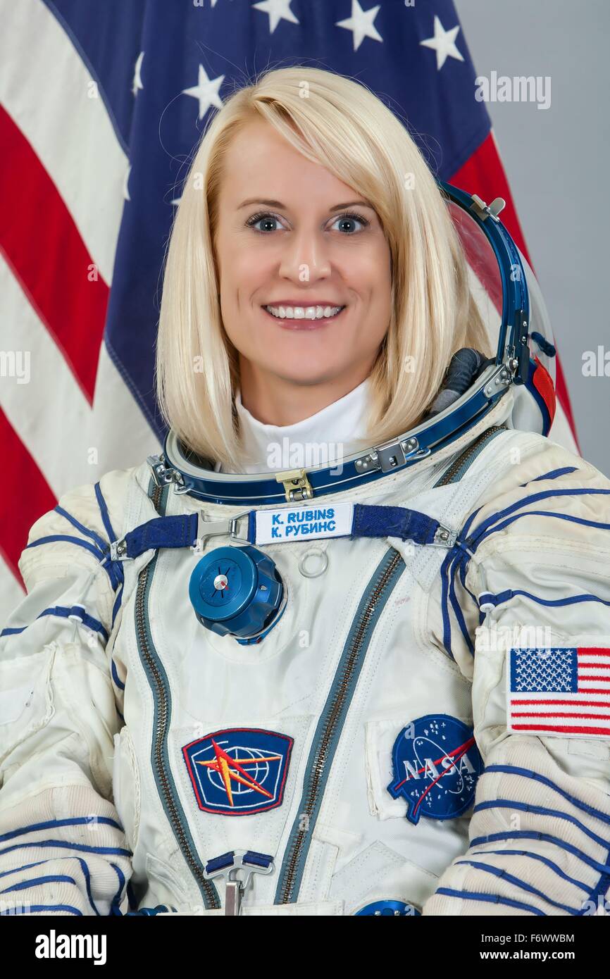NASA astronaut and Expedition 48/49 Flight Engineer and backup Expedition 46/47 crew member Kate Rubins official portrait wearing the Russian Sokol space suit August 4, 2015 in Star City, Russia. Stock Photo