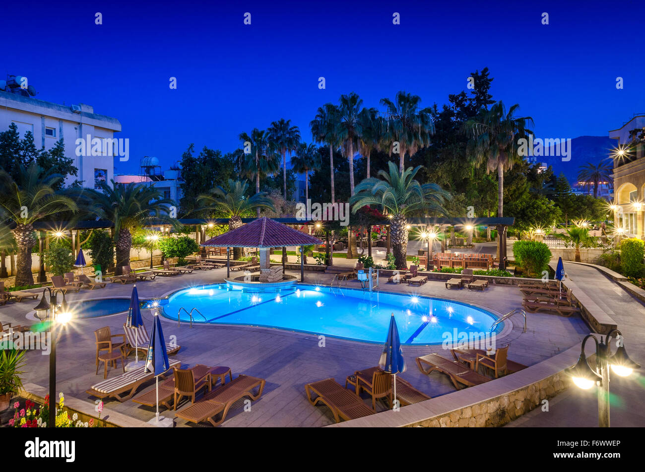 Empty swimming pool outside a hotel in Cyprus. Stock Photo