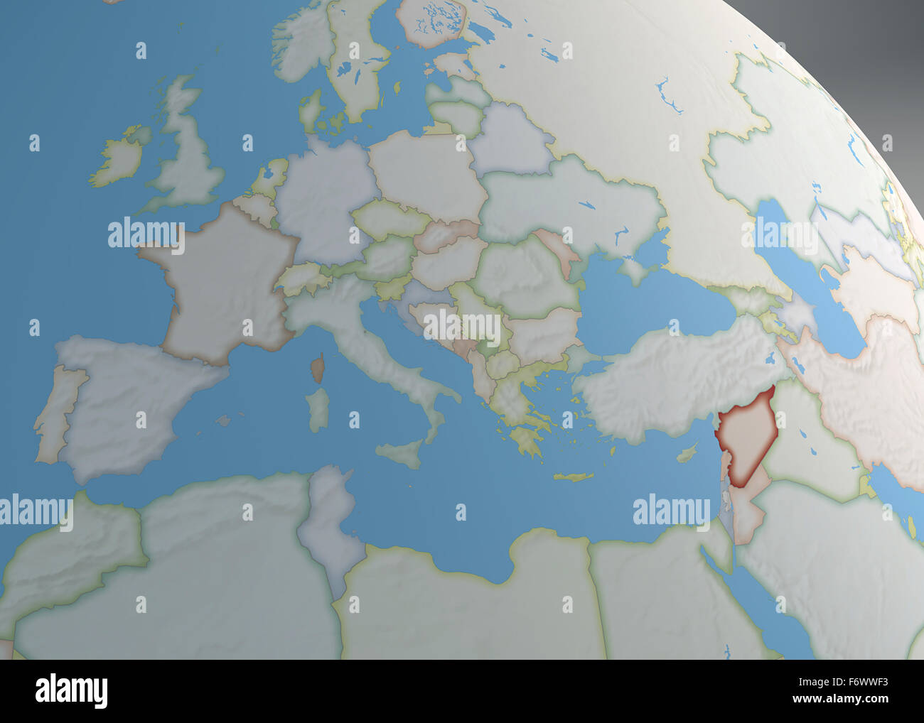 World map of Middle East with Syria highlighted, north Africa and Europe Stock Photo