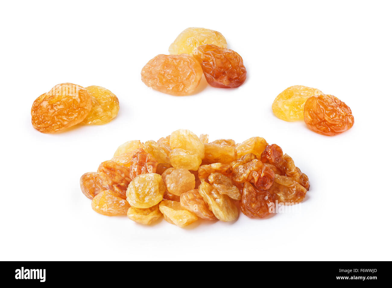 Set of Golden natural seedless raisins from California. Dried treated grapes. Retouched, large