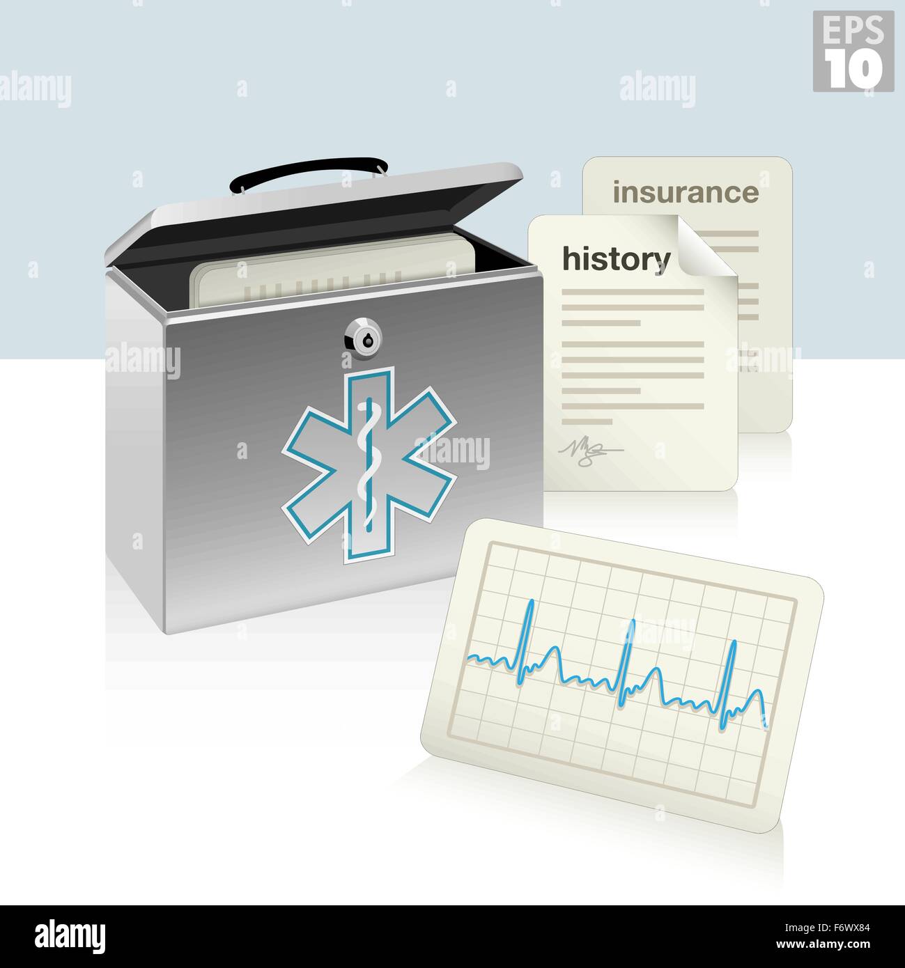 Medical security box with medical history, ecg, and insurance documents, protected patient information. Stock Vector