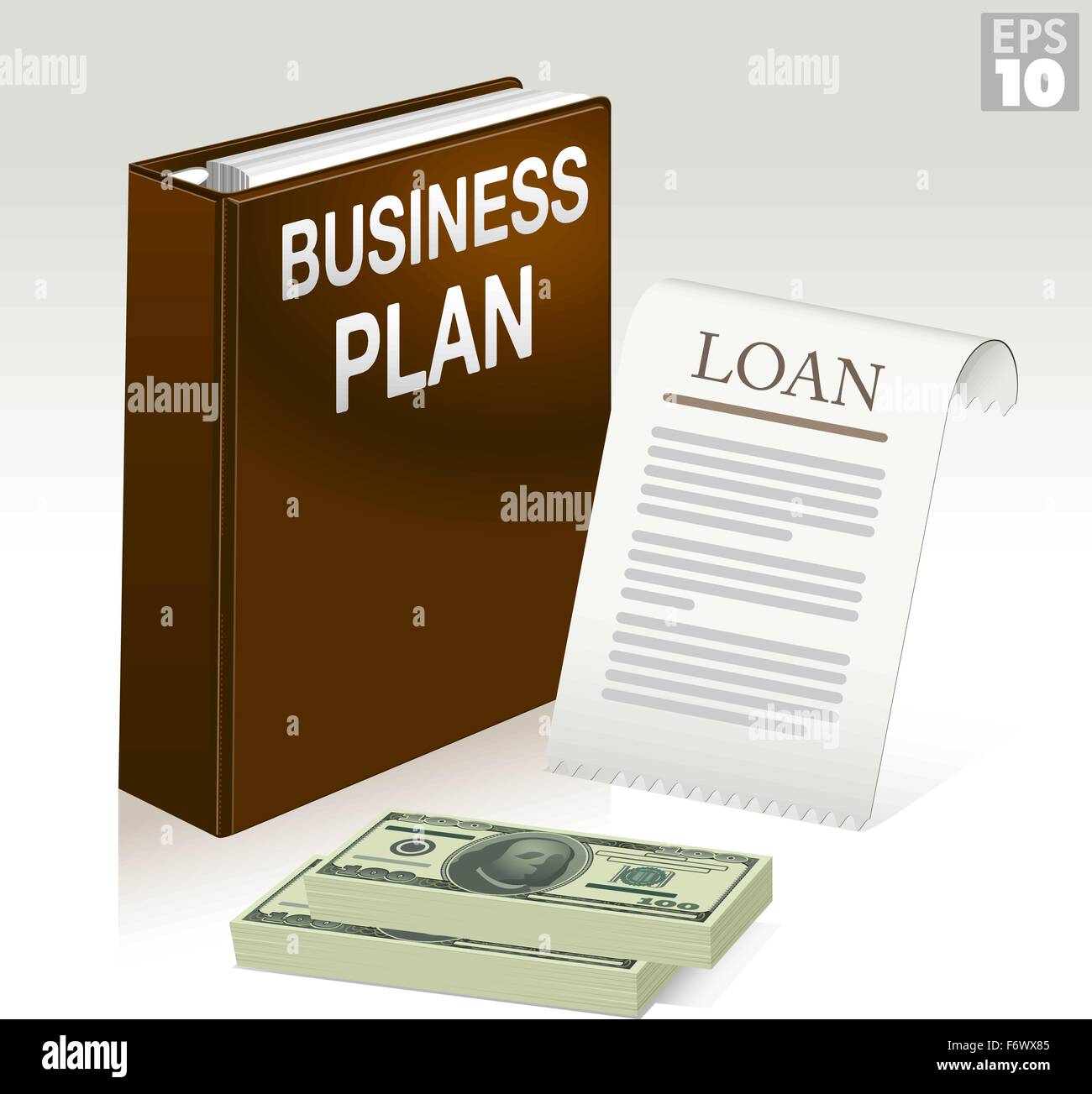 Business Plan folder, loan application document and stack of money Stock Vector