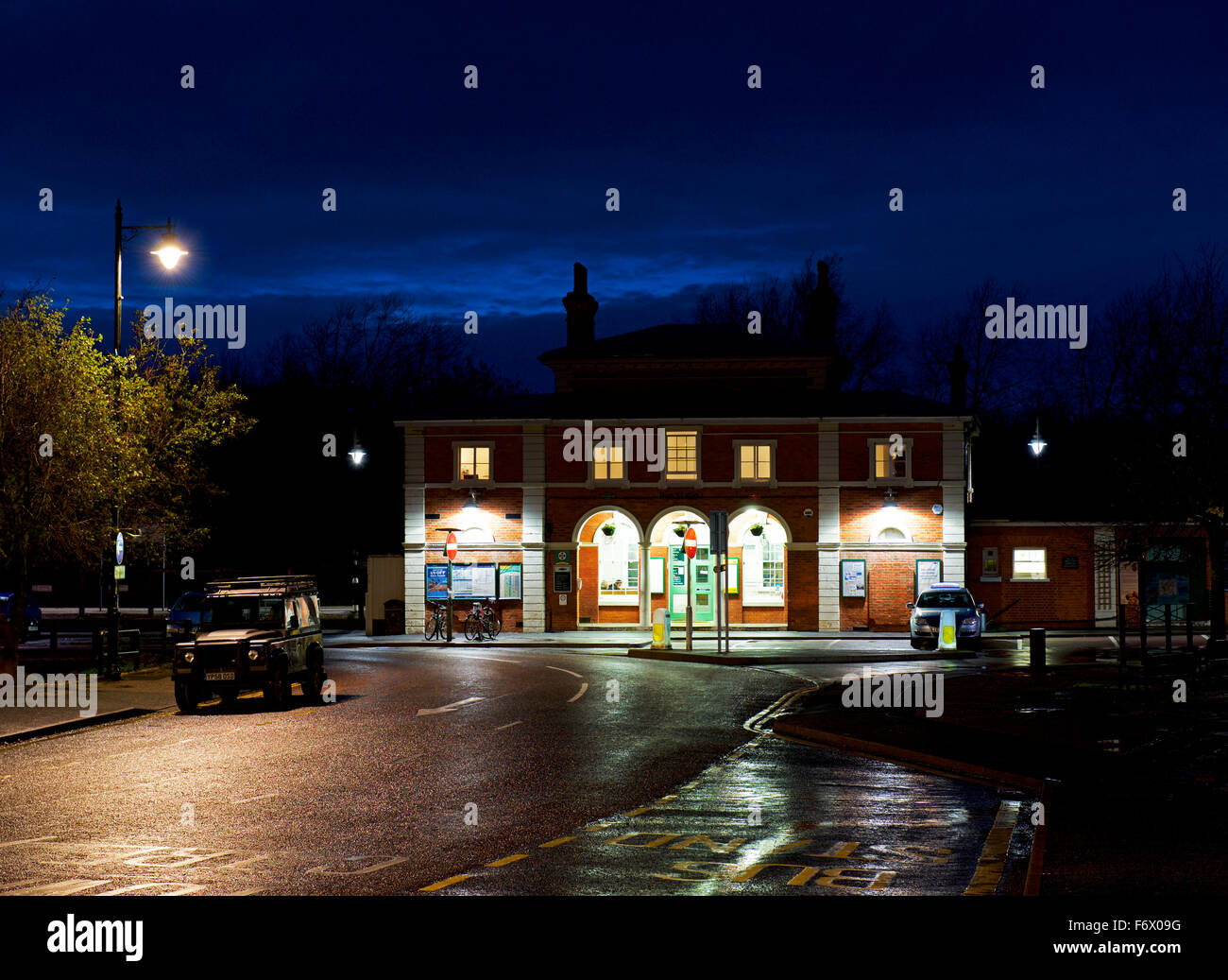 Railway station in the town of Rye, at night, Kent, England UK Stock Photo