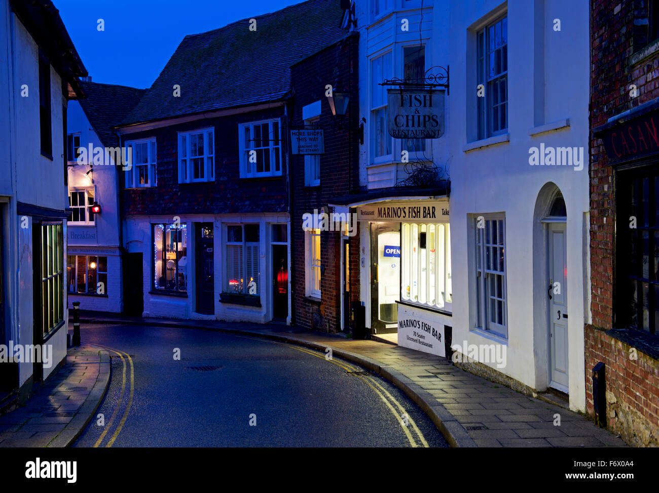 Fish and chip shop in Rye, at dusk, Kent England UK Stock Photo Alamy