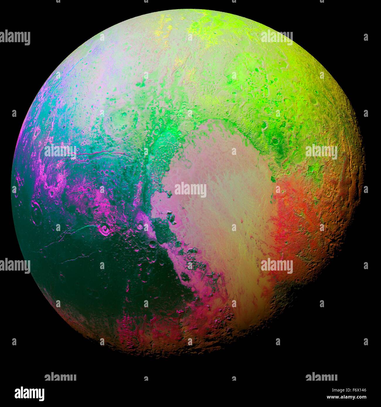 New Horizons scientists made this false color image of Pluto to highlight the many subtle color differences between Pluto's distinct regions captured July 14, 2015 by the New Horizons space probe. Stock Photo