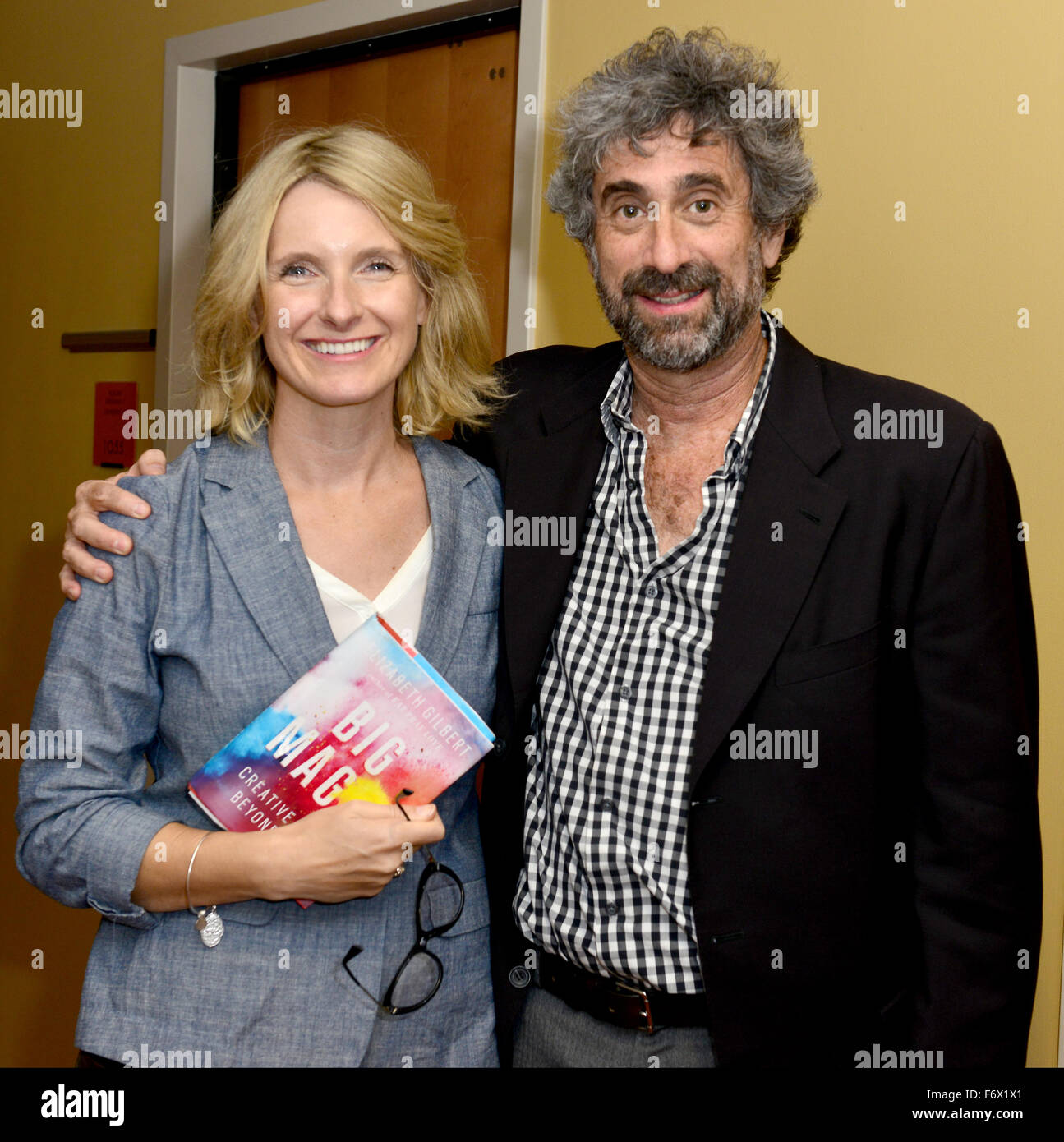 'Eat Pray Love' author Elizabeth Gilbert speaks and reads from her new book 'Big Magic' presented by Books and Books at the James L Knight Concert Hall at Adrienne Arsht Center  Featuring: Elizabeth Gilbert, Mitchell Kaplan Where: Miami, Florida, United S Stock Photo