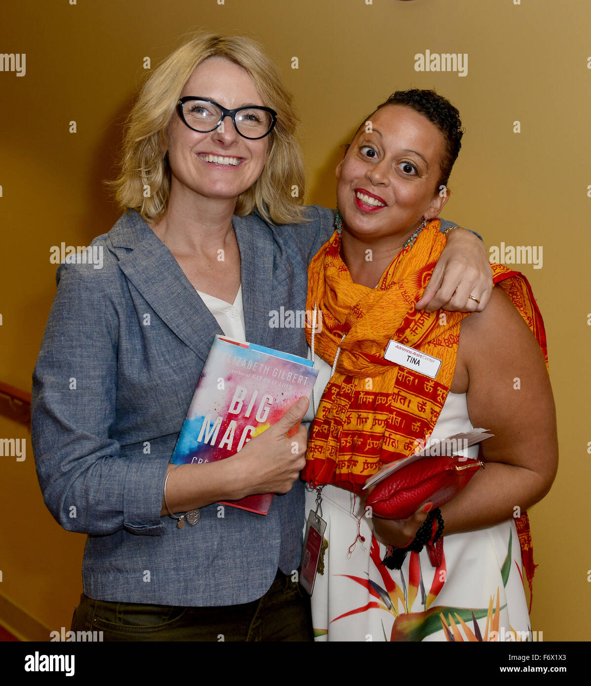 'Eat Pray Love' author Elizabeth Gilbert speaks and reads from her new book 'Big Magic' presented by Books and Books at the James L Knight Concert Hall at Adrienne Arsht Center  Featuring: Elizabeth Gilbert, Tina Williams Where: Miami, Florida, United Sta Stock Photo