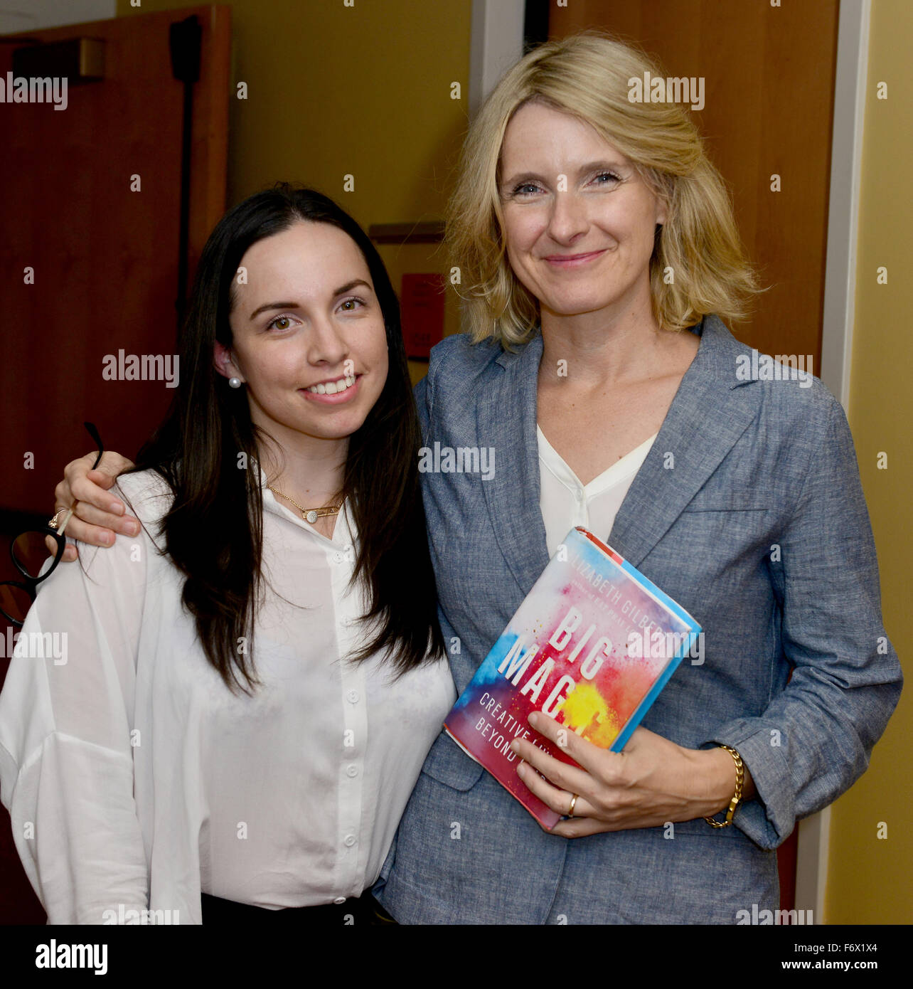 'Eat Pray Love' author Elizabeth Gilbert speaks and reads from her new book 'Big Magic' presented by Books and Books at the James L Knight Concert Hall at Adrienne Arsht Center  Featuring: Sharon Steel-Cardenal, Elizabeth Gilbert Where: Miami, Florida, Un Stock Photo