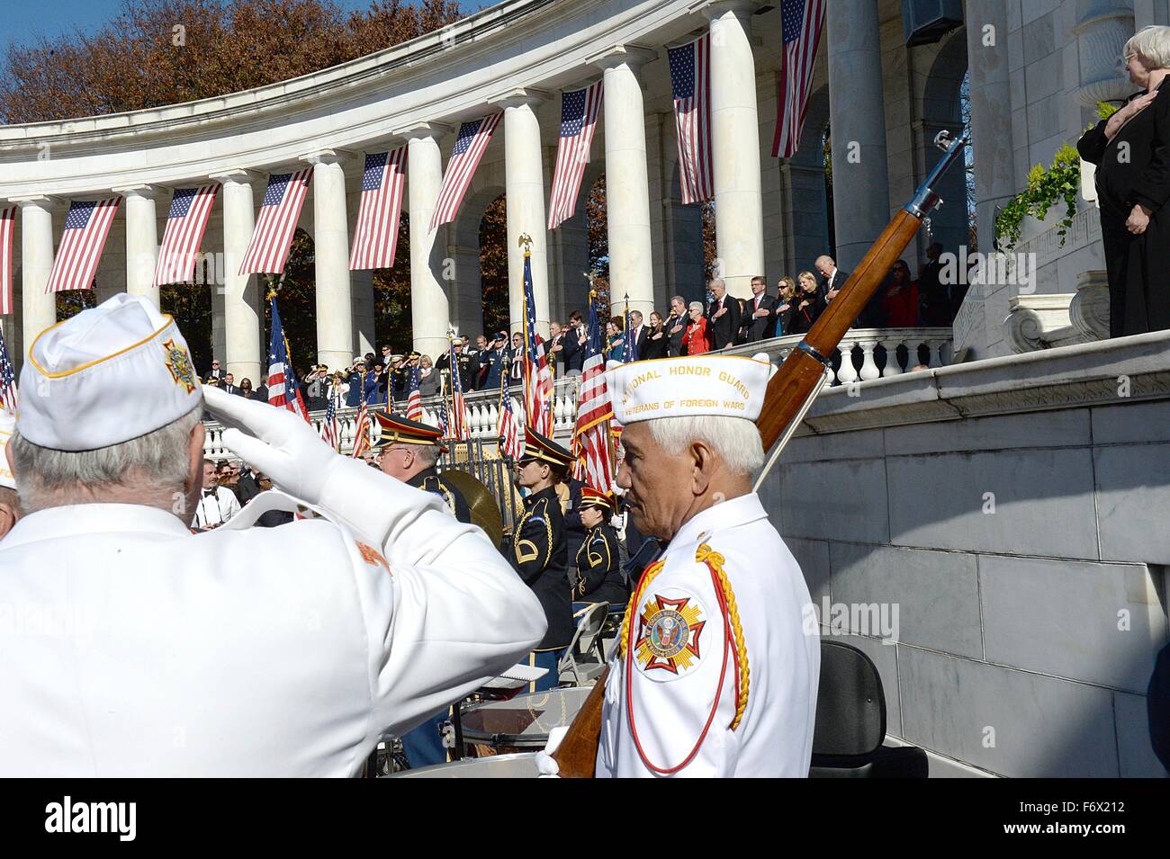 VFW honor guards salute during ceremonies honoring Veterans Day at Arlington National Cemetery November 11, 2015 in Arlington, Virginia. Stock Photo