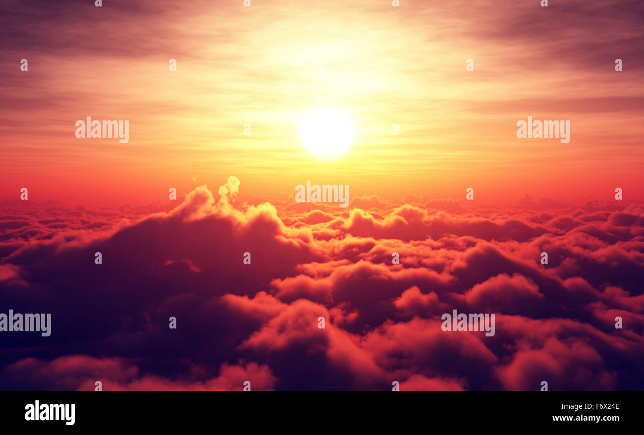 Golden Sunrise above puffy clouds (Digital artwork) Stock Photo
