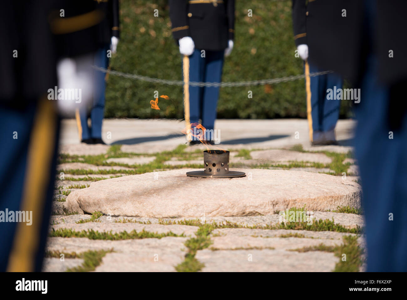 US Army Honor Guard soldiers during a ceremony at President John F. Kennedy's gravesite and memorial at Arlington National Cemetery October 20, 2015 in Arlington, Virginia. Stock Photo