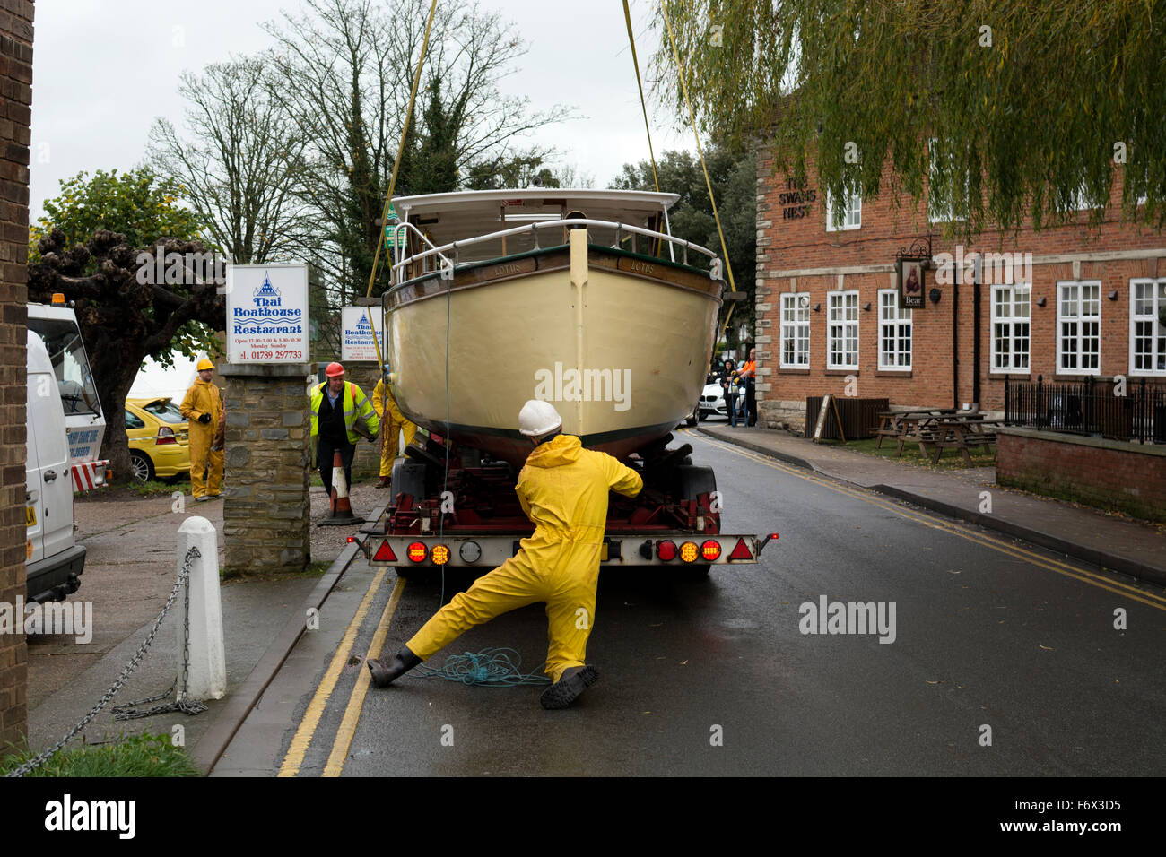 A tourist trip boat 'Titan' being loaded onto a low-loader to go for winter maintenance, Stratford-upon-Avon, UK Stock Photo
