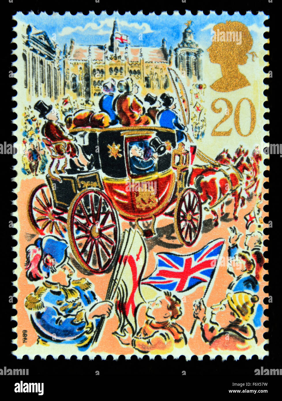Postage stamp. Great Britain. Queen Elizabeth II. 1989. Lord Mayor's Show, London. Royal Mail Coach. 20p. Stock Photo