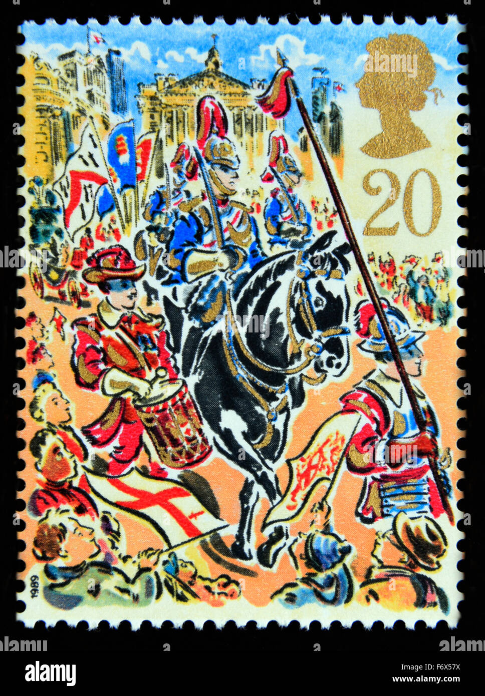 Postage stamp. Great Britain. Queen Elizabeth II. 1989. Lord Mayor's Show, London. Escort of Blues and Royals. 20p. Stock Photo