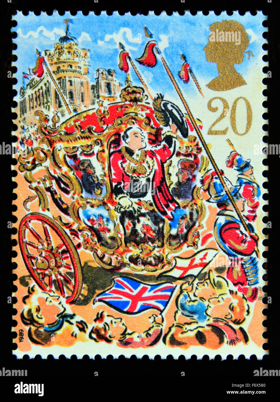 Postage stamp. Great Britain. Queen Elizabeth II. 1989. Lord Mayor's Show, London. Lord Mayor's Coach. 20p. Stock Photo