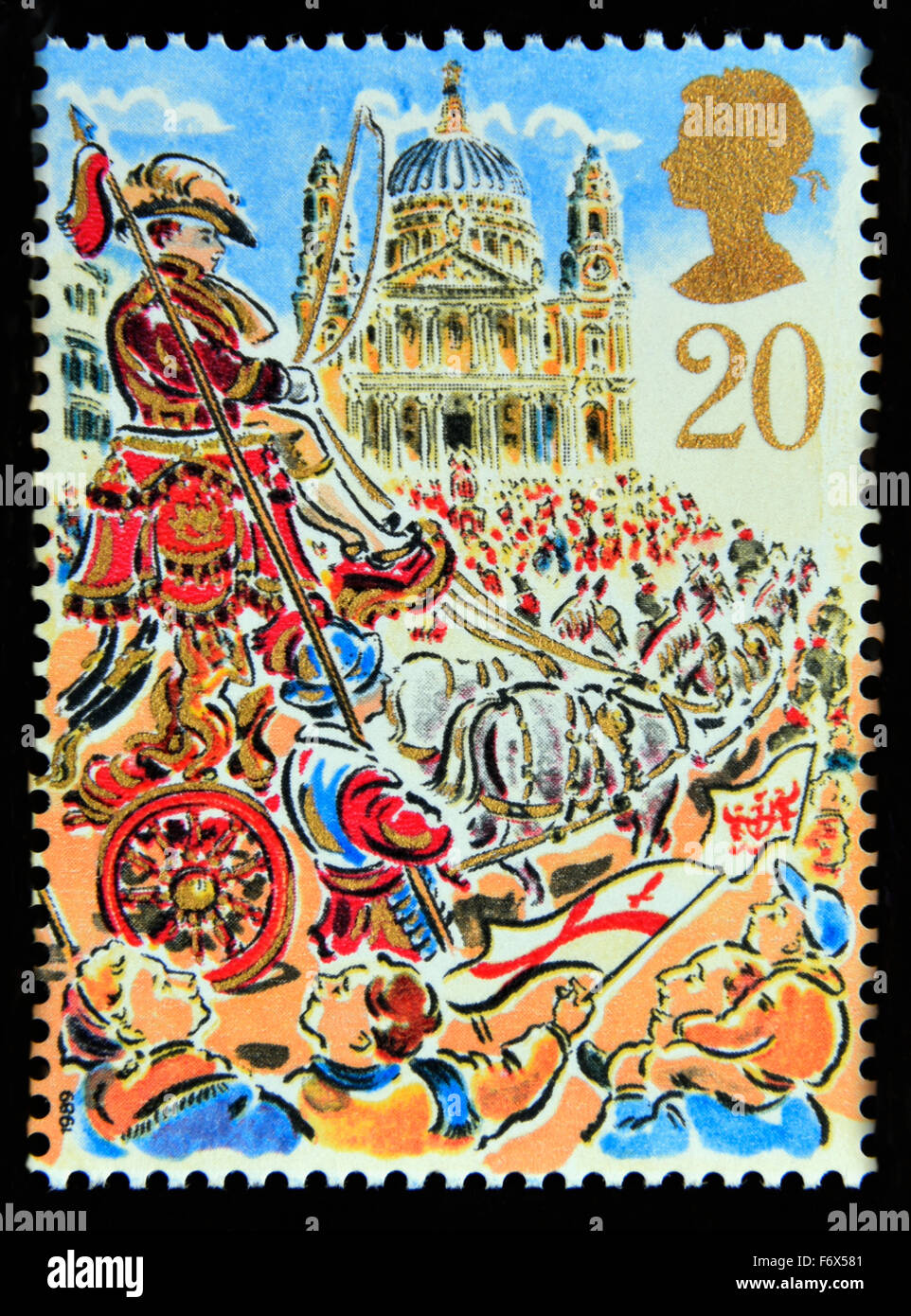 Postage stamp. Great Britain. Queen Elizabeth II. 1989. Lord Mayor's Show, London. Passing St.Paul's. 20p. Stock Photo