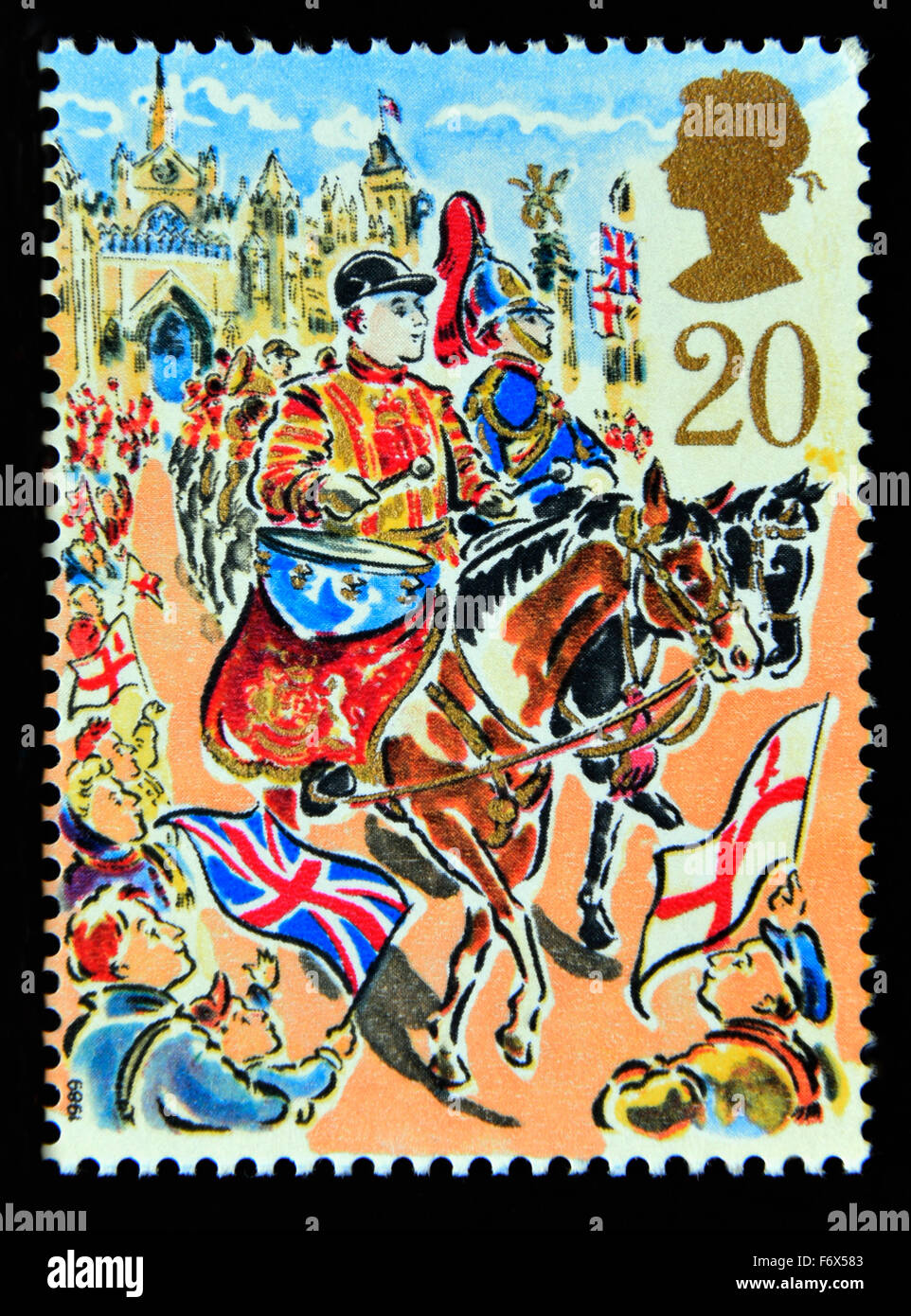 Postage stamp. Great Britain. Queen Elizabeth II. 1989. Lord Mayor's Show, London. Blues and Royals Drum Horse. 20p. Stock Photo