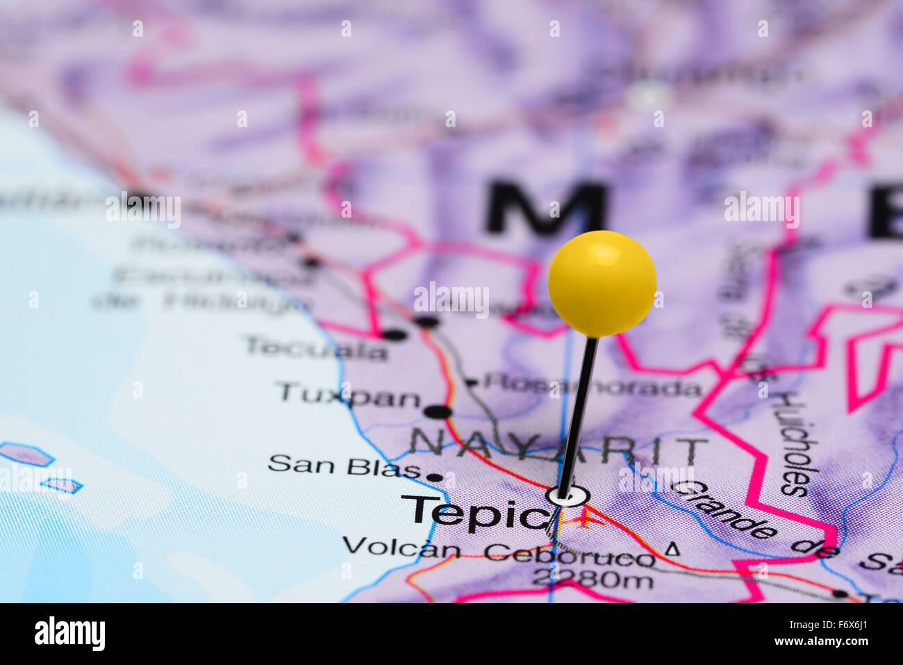 Tepic pinned on a map of Mexico Stock Photo
