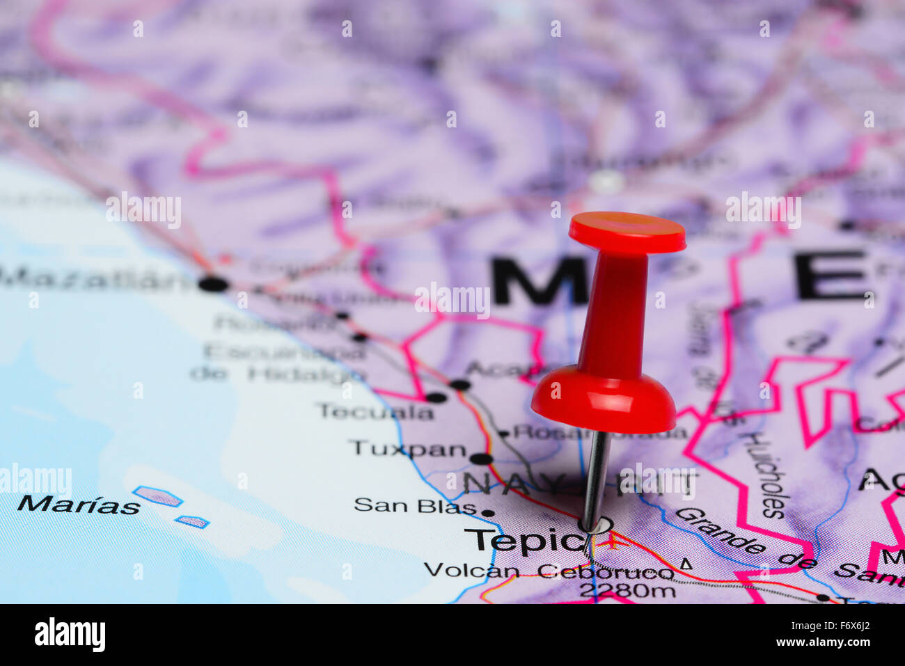 Tepic pinned on a map of Mexico Stock Photo