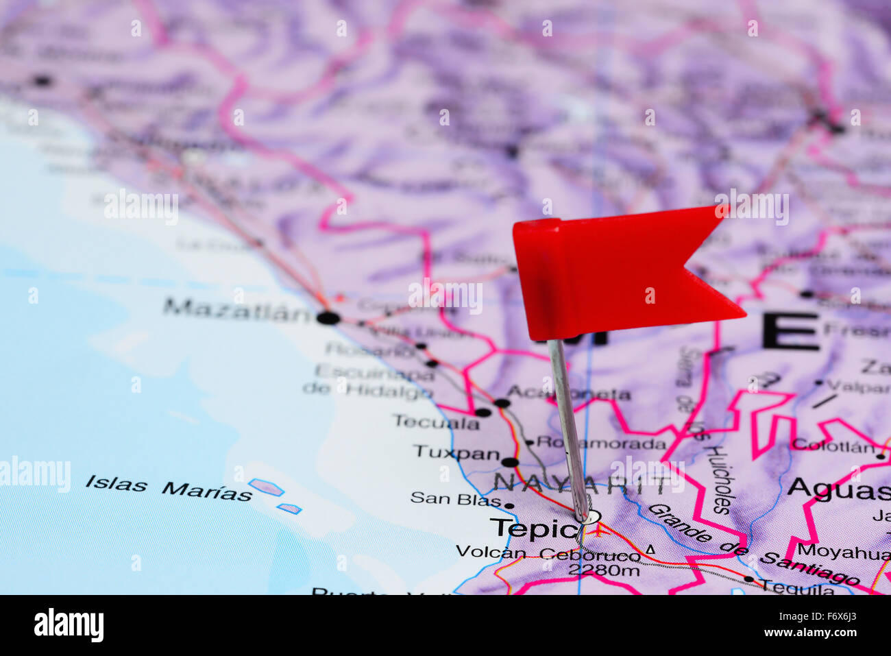 Tepic pinned on a map of Mexico Stock Photo