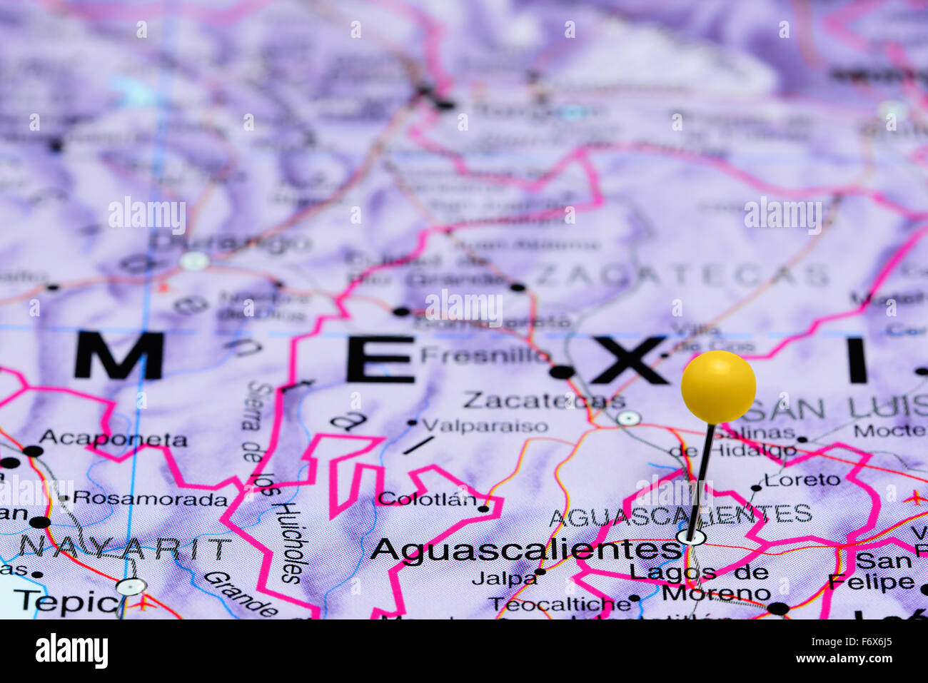 Aguascalientes pinned on a map of Mexico Stock Photo