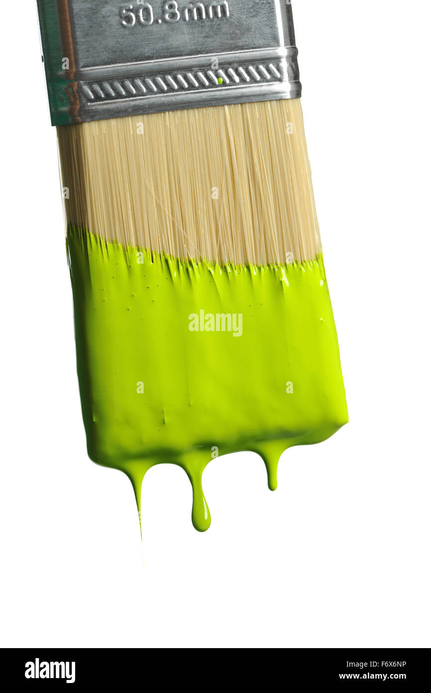 Paintbrush dripping green paint isolated over white background Stock Photo
