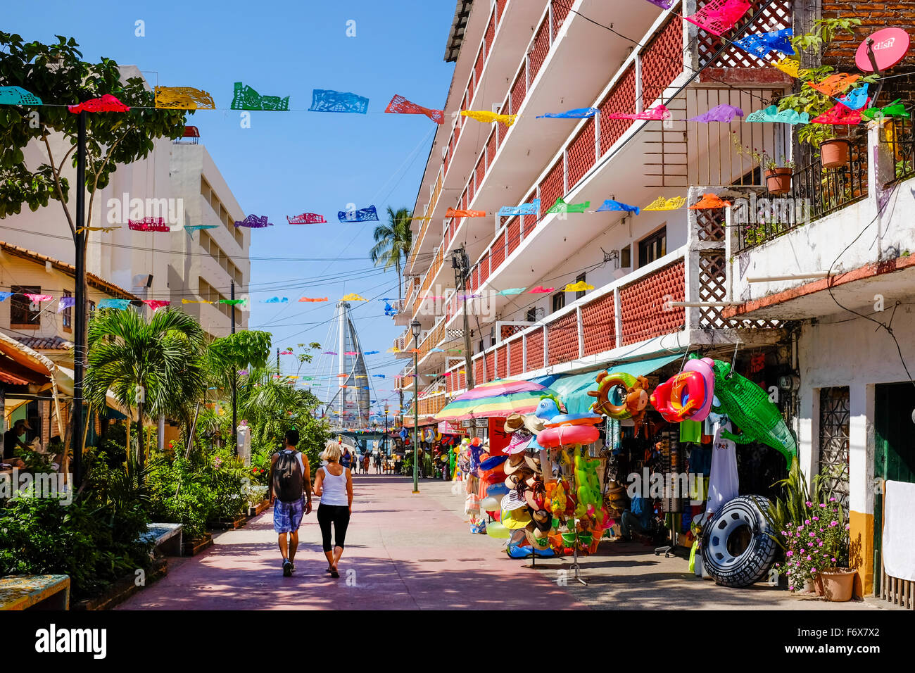 Back street in Zona Romantica towards Los Muertos, Old town, Puerto Vallarta, Mexico Stock Photo
