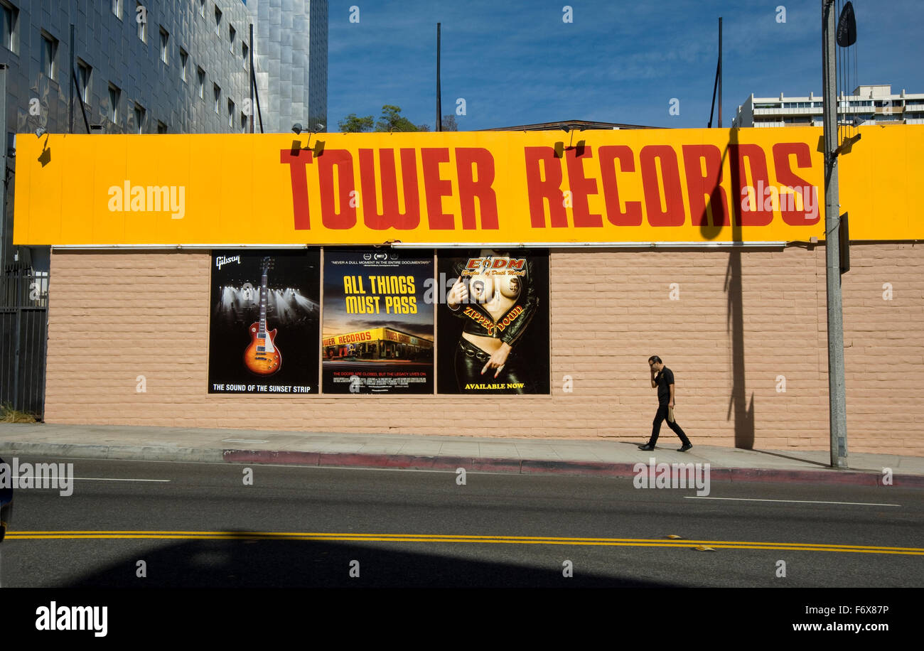 Tower Records sign returns to the Sunset Strip for opening of documentary film All Things Must Pass, October, 2015 Stock Photo