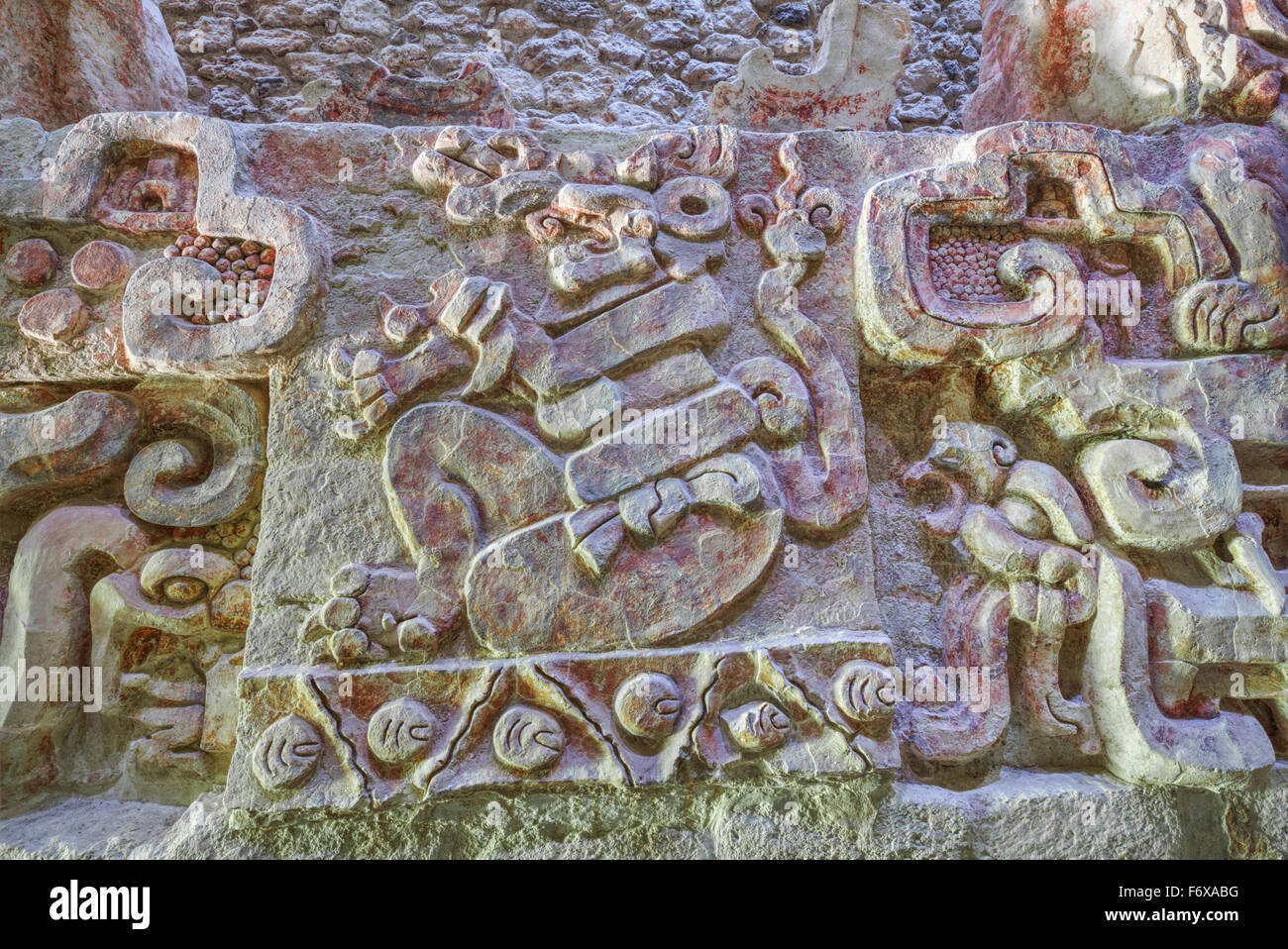 Painted stucco frieze, 55 feet long, inside Structure I, classic period, Balamku Mayan archaeological site, Peten Basin; Campeche, Mexico Stock Photo