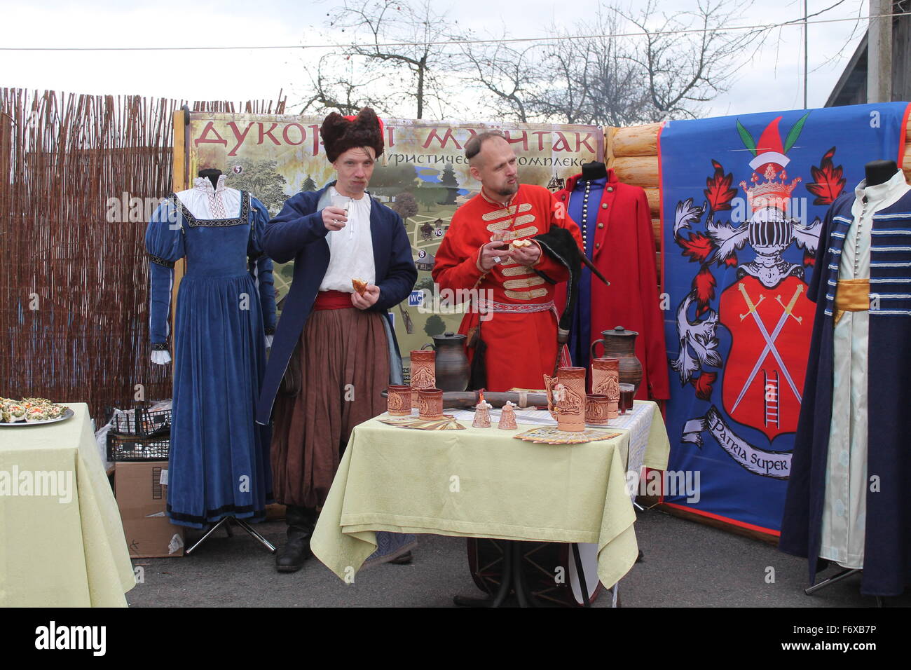 Cossack club present tradition retro costume and arms on fair of new harvest 'Dozhinki', November, 13, 2015, Vileyka, Belarus Stock Photo