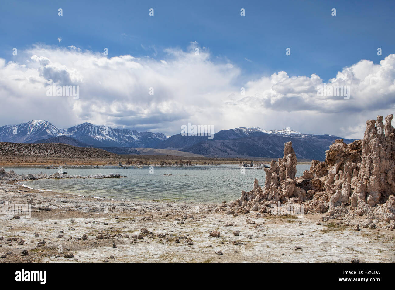 Mono Lake in California with tufa towers and clouds building over the mountains. Stock Photo