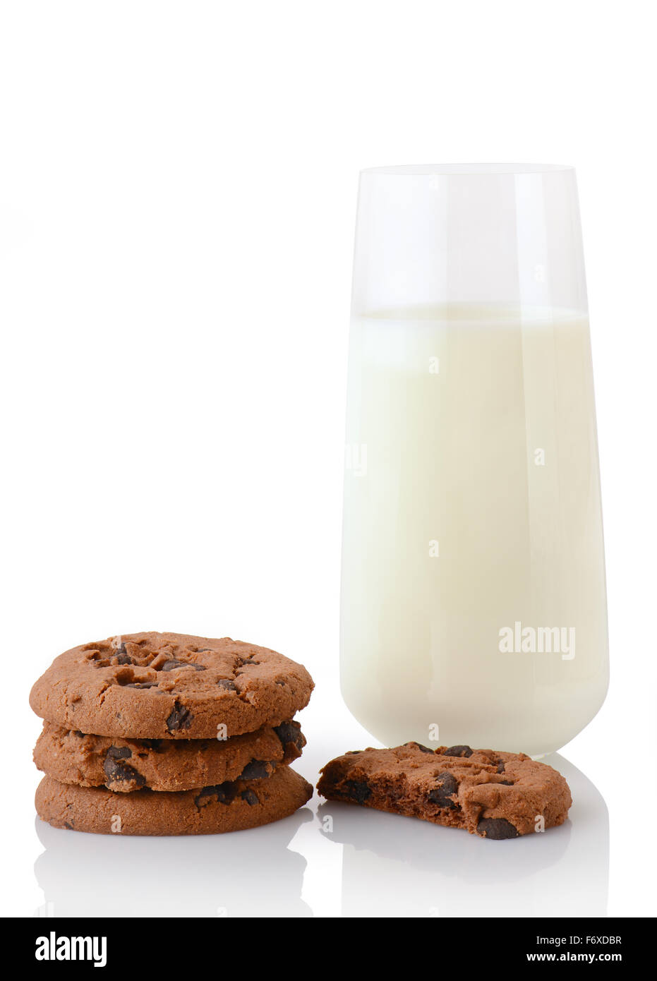Stack of three homemade chocolate chip cookies, half of cookie and ...