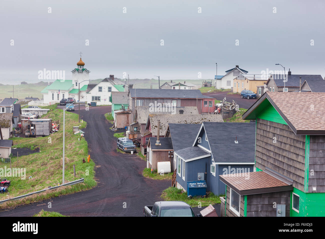 Homes, roads, and church in downtown St. Paul, St. Paul Island, Southwestern Alaska, USA, Summer Stock Photo