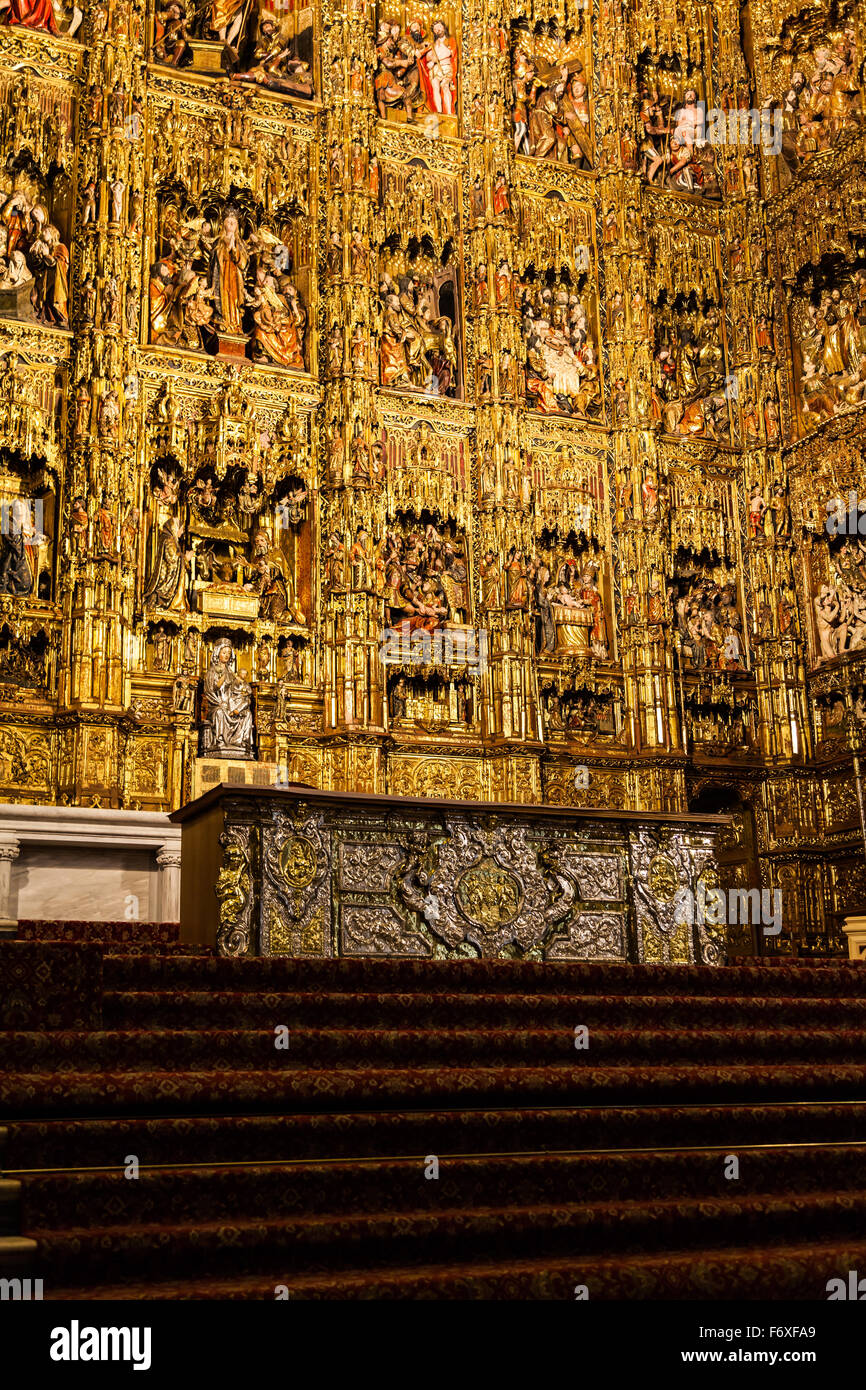 Seville, Spain. Main Altar made of gold, 400 years old Stock Photo