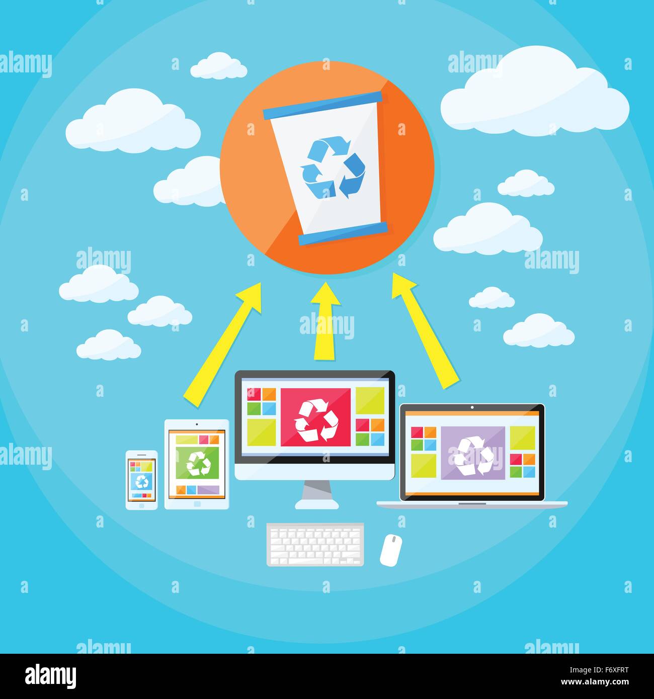 Recycle Bin Trash Bucket Laptop Phone and Tablet Cloud Synchronize