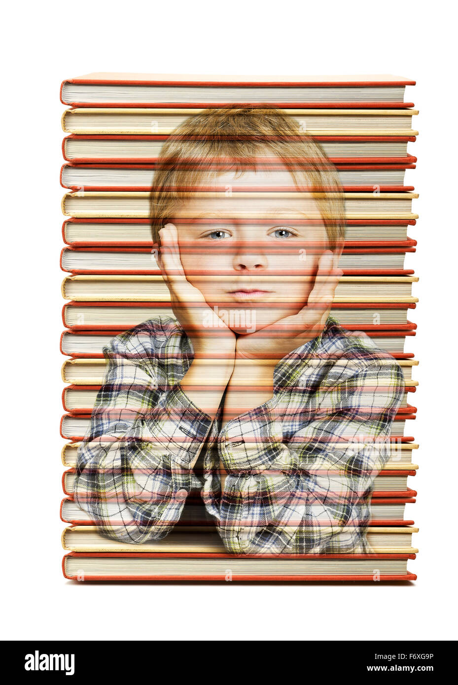 Stack of books isolated on white with a school boy in overlay Stock ...