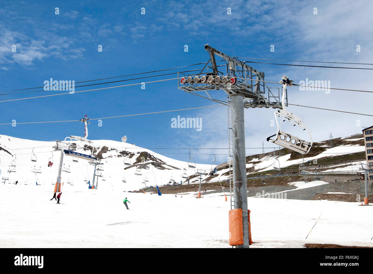 Snowed Mountains in the Pyrenees, and ski slopes in Pas de la Casa, Andorra. Stock Photo