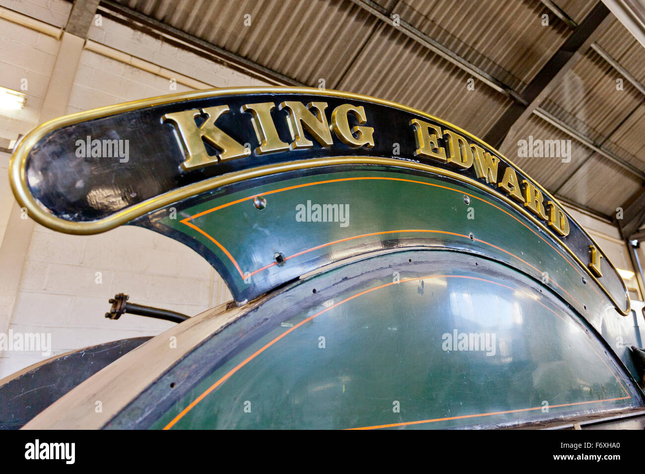 Nameplate of ex-GWR loco 6024 'King Edward I' undergoing a major overhaul at the West Somerset Railway, Minehead, England, UK Stock Photo