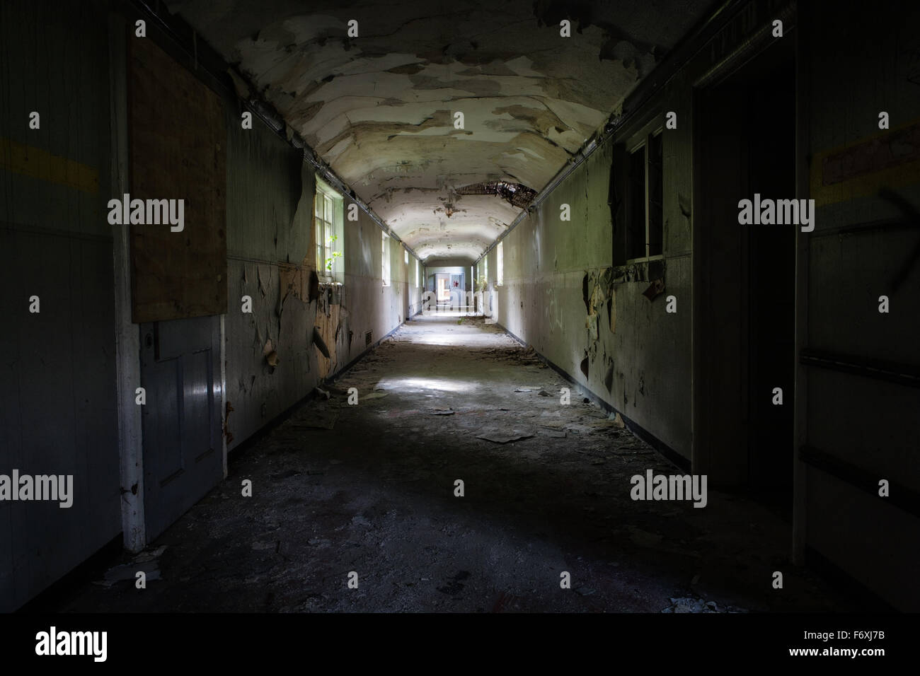 inside view of a deserted run down building Stock Photo - Alamy