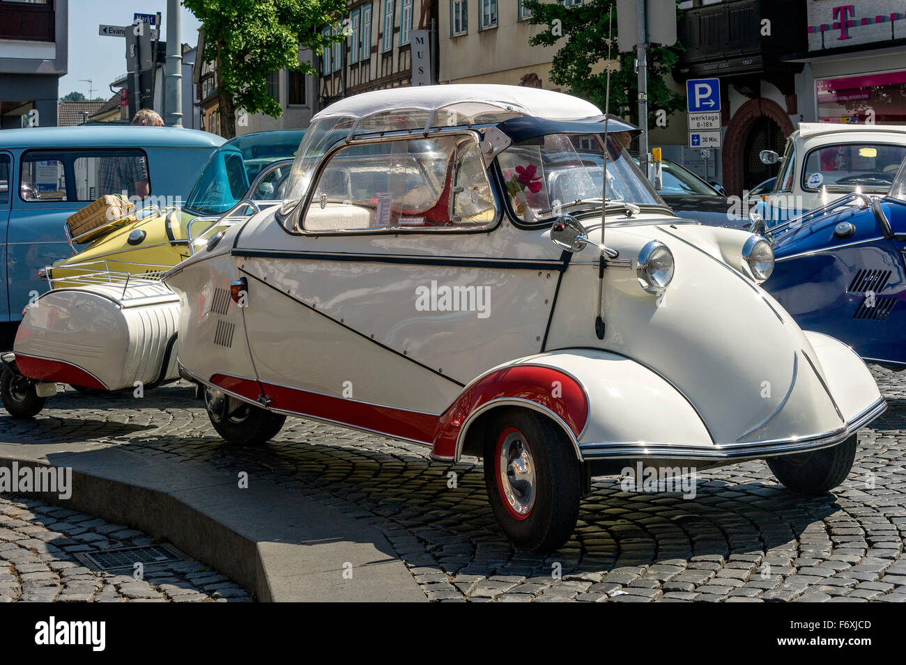 Oldtimer meeting, Vintage Messerschmitt KR 200 with a glass roof, sunscreen and trailer, built from 1955 to 1964, market place Stock Photo