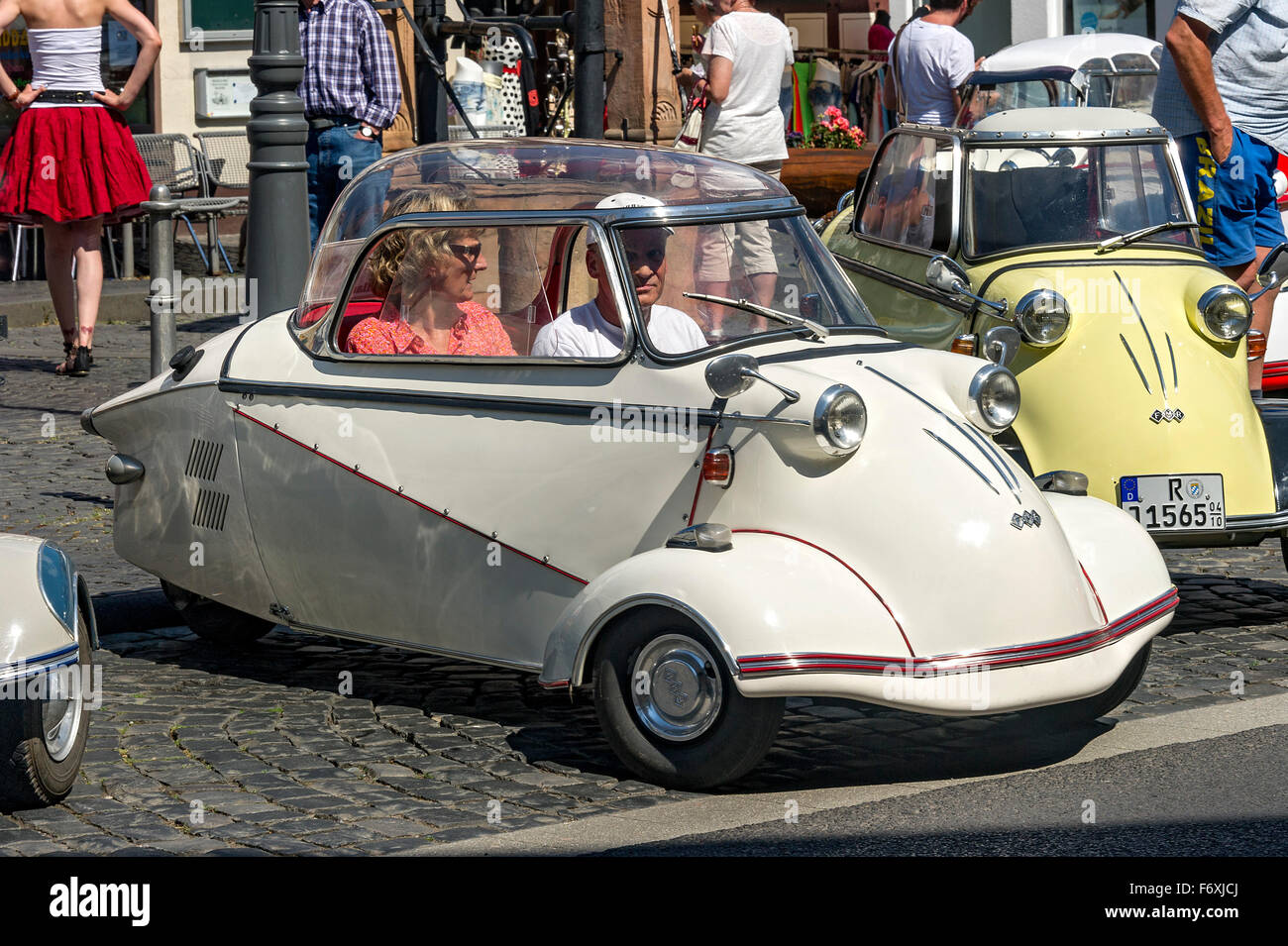 Oldtimer meeting, Vintage Messerschmitt KR 200 FMR Kabinenroller with glass roof, Roadster on the right, built in 1955-1964 Stock Photo