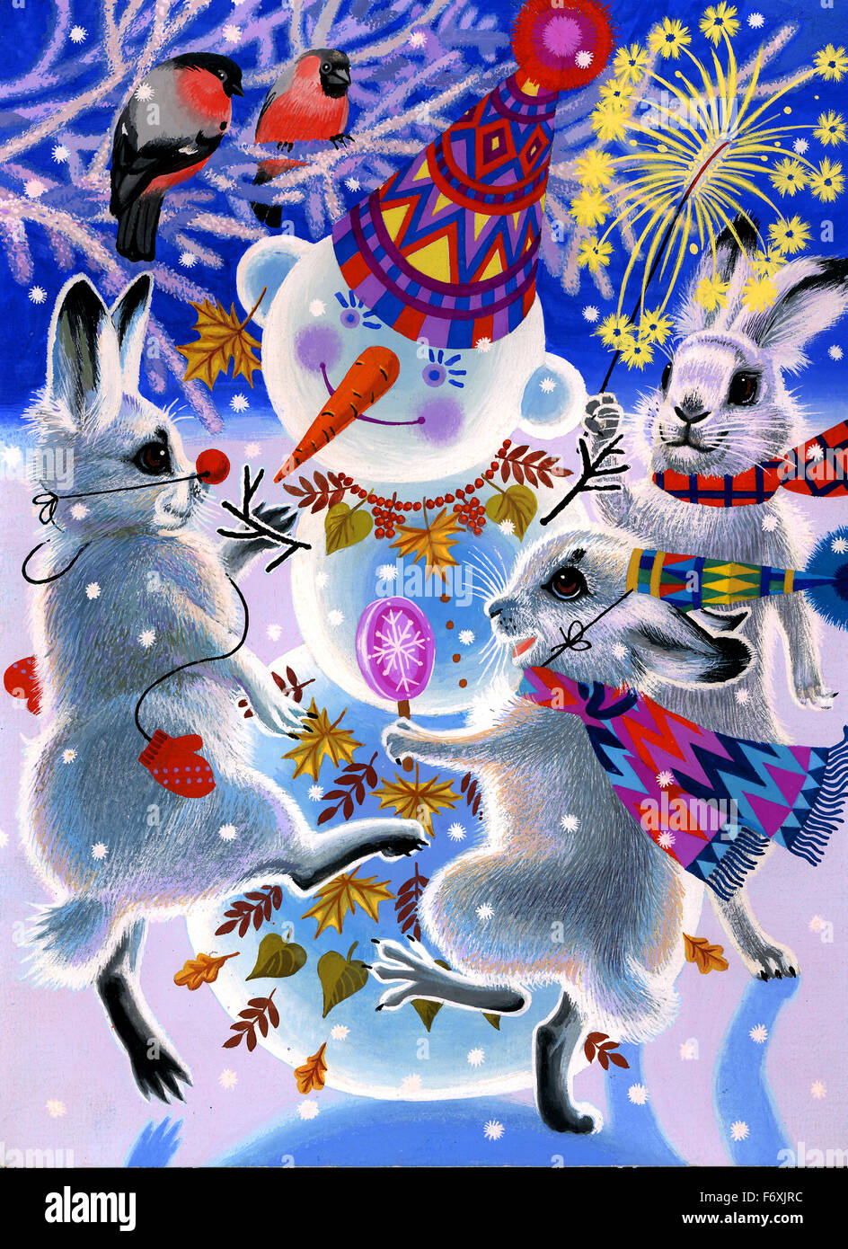 Christmas card. Hares dance round a snowman. vertical format. graphics. handwork. handiwork. Stock Photo