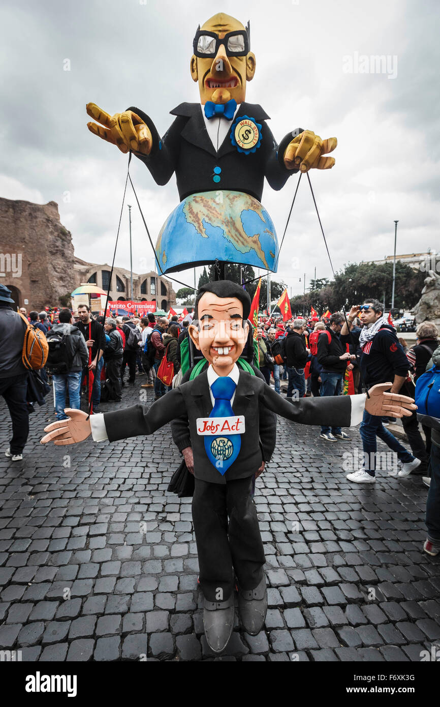 Rome, Italy. 21st Nov, 2015. Italian Prime Minister Matteo Renzi muppet is seen during an anti-government rally to protest against the Italian government's 'Stability Law'. Thousands of demonstrators take part in an anti-government rally called by FIOM CGIL, Italy's metalworkers' trade union, in downtown Rome to protest against the Italian government's 'Stability Law'. Credit:  Giuseppe Ciccia/Pacific Press/Alamy Live News Stock Photo