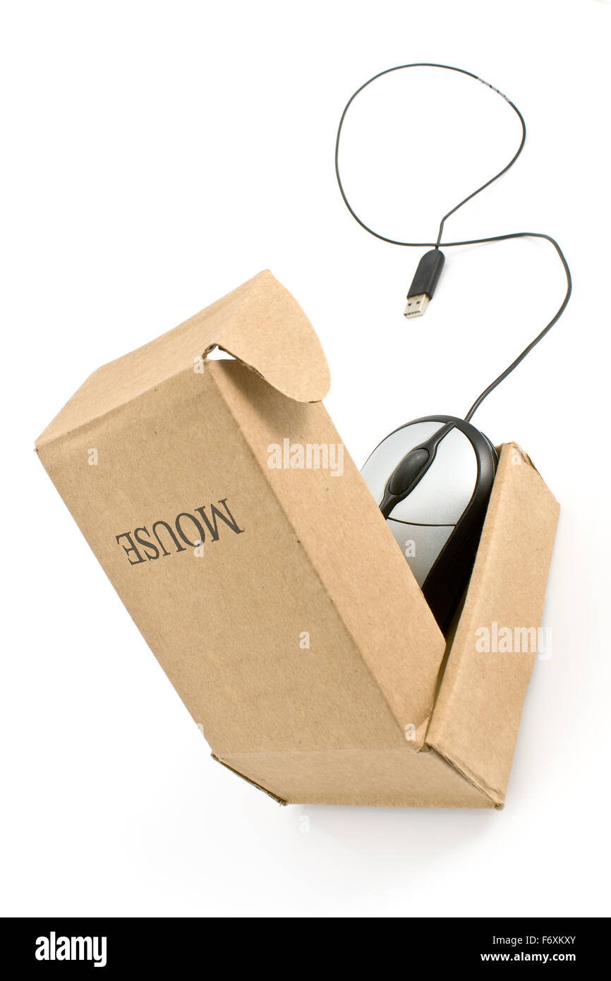 Computer mouse in cardboard box isolated on Stock Photo